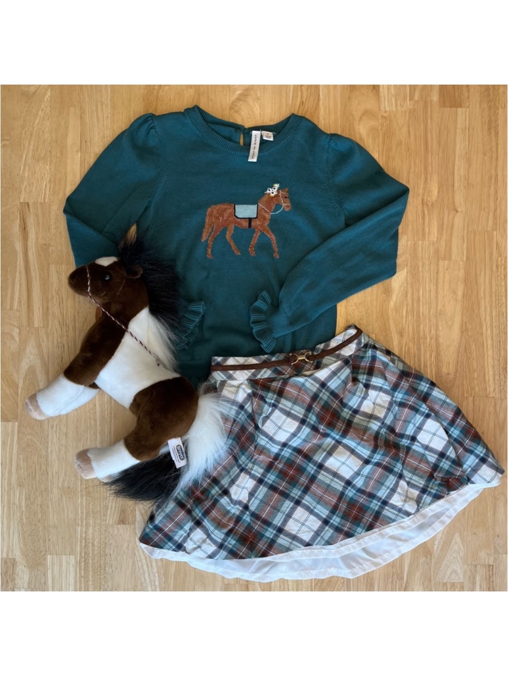 Janie and Jack Sweater with Brown Horse Motif and Matching Plaid Skirt